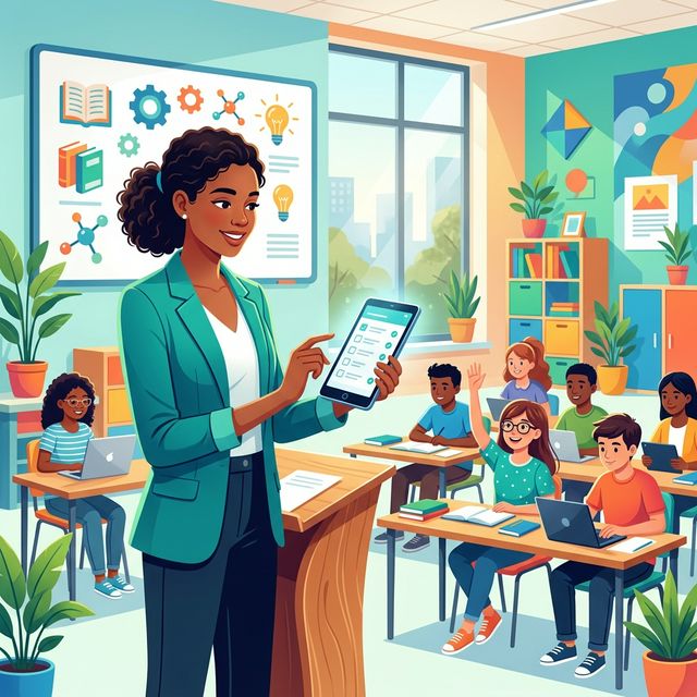 Teacher marking digital attendance in a modern classroom